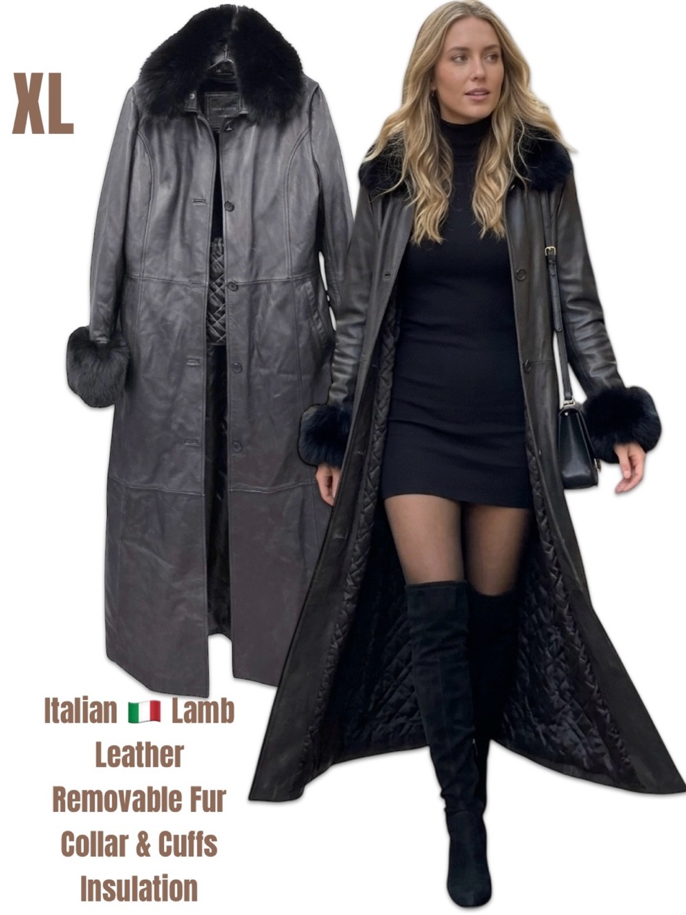 Knoles & Carter Italian Lambskin Leather Long Maxi Trench Fur Coat Black XL